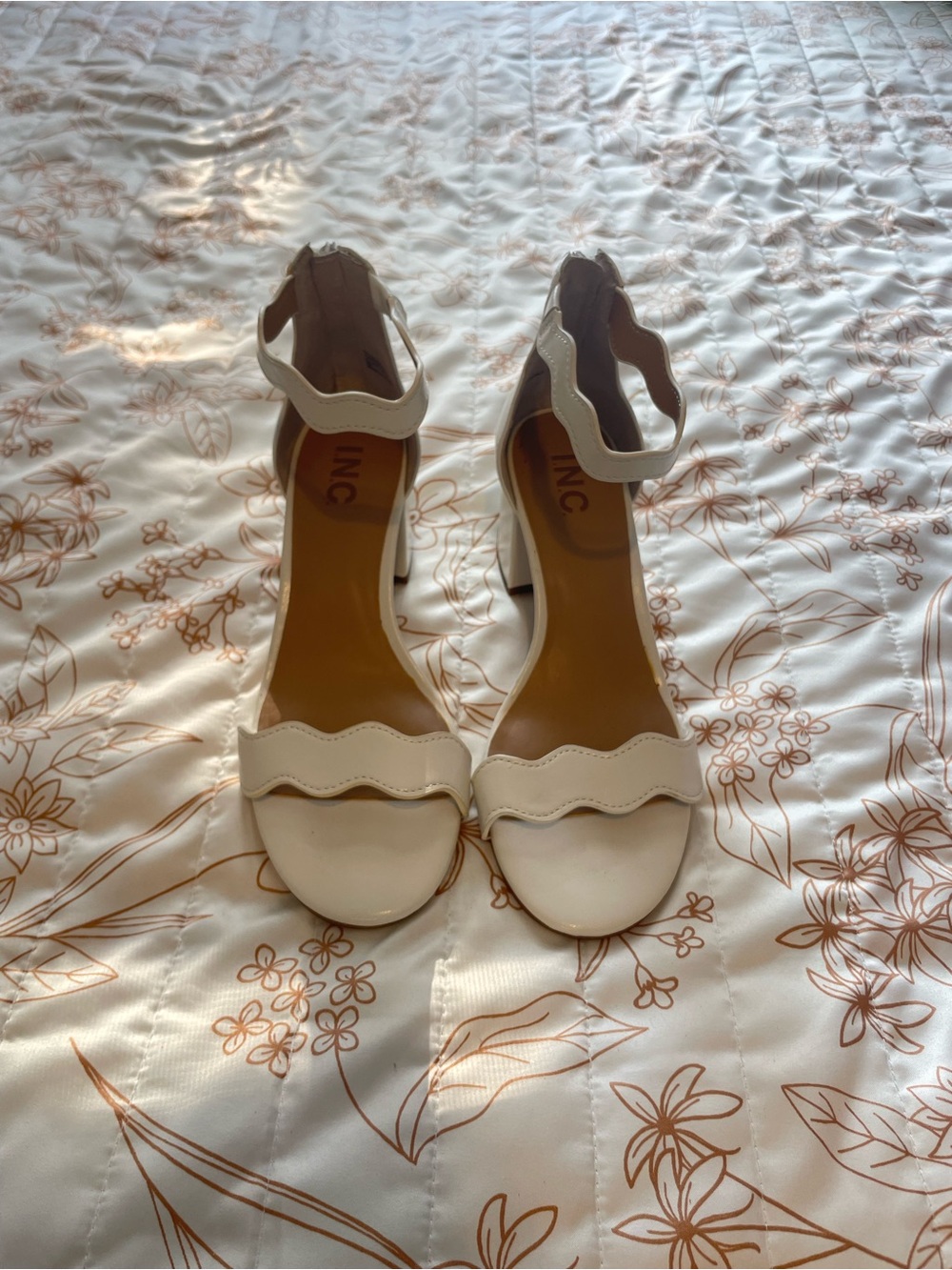 INC International Concepts Cream Scalloped Ankle-Strap Block Heels